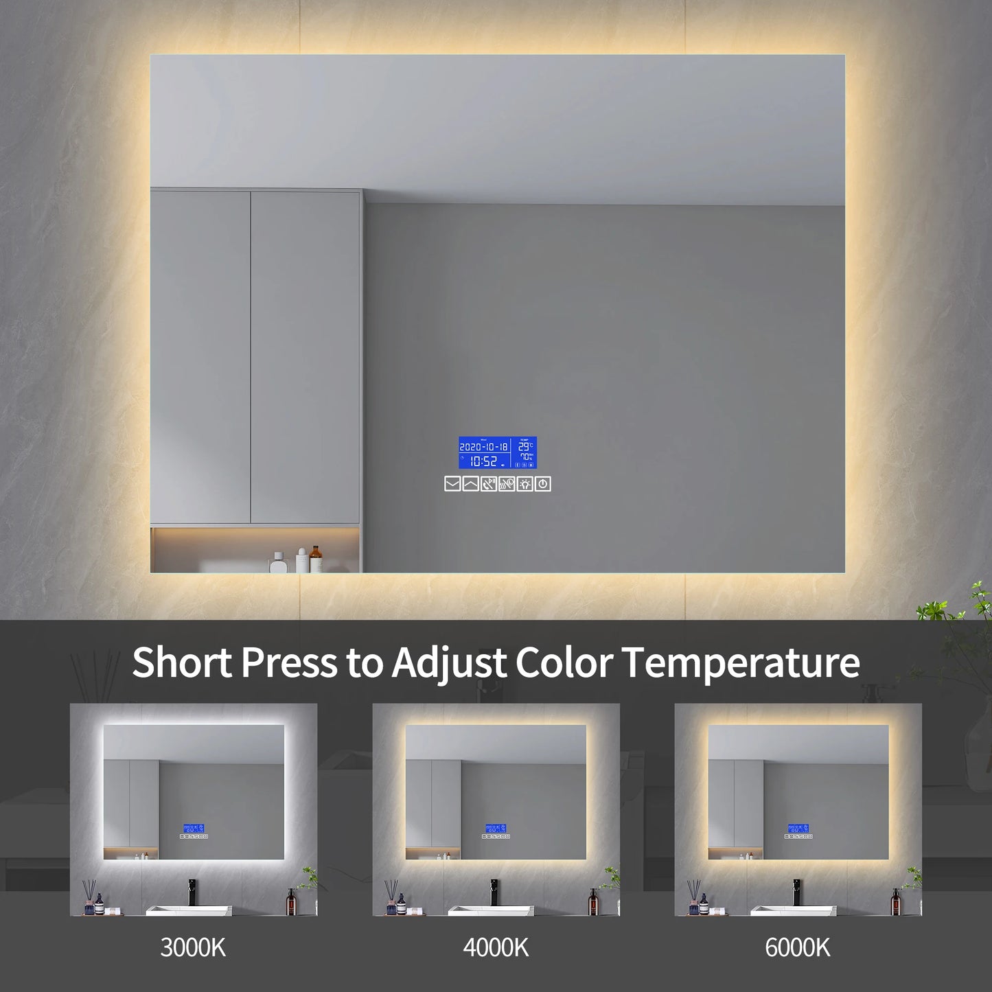 Badkamerspiegel – Spiegel – Wandspiegel – Rechthoekige Spiegel – Badkamer Spiegel – 80x100 cm – LED Verlichting – Bluetooth Speaker – Anti-Fog – Temperatuurweergave