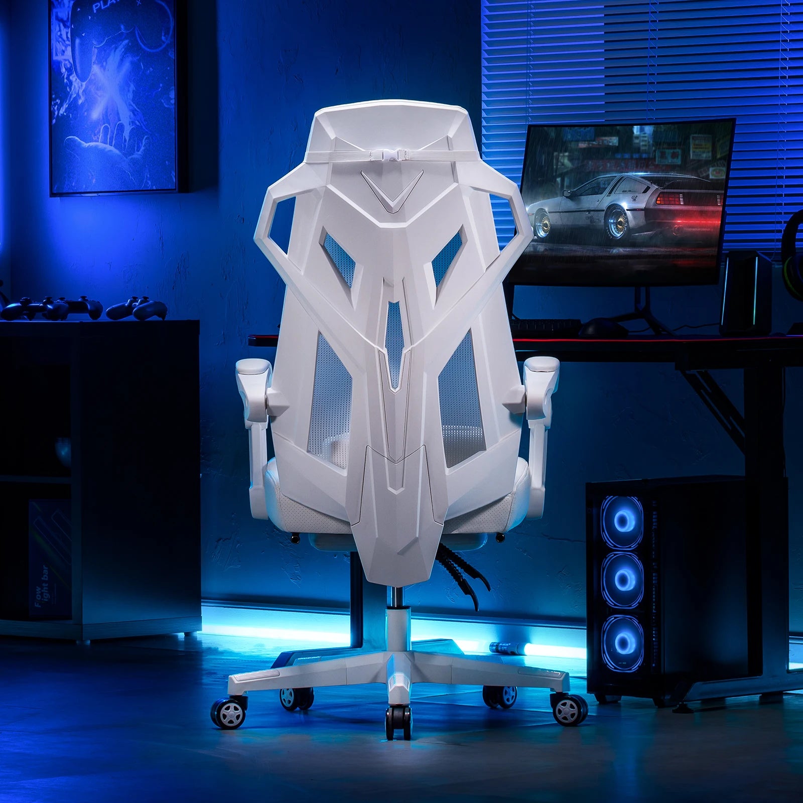 Gaming Stoel – Ergonomische Bureaustoel – Comfortabele Stoel – Mesh Rugleuning – Verstelbare Zithoogte – 150 Kg Belastbaar - 52 x 65 x 132 cm - Wit - QUORE