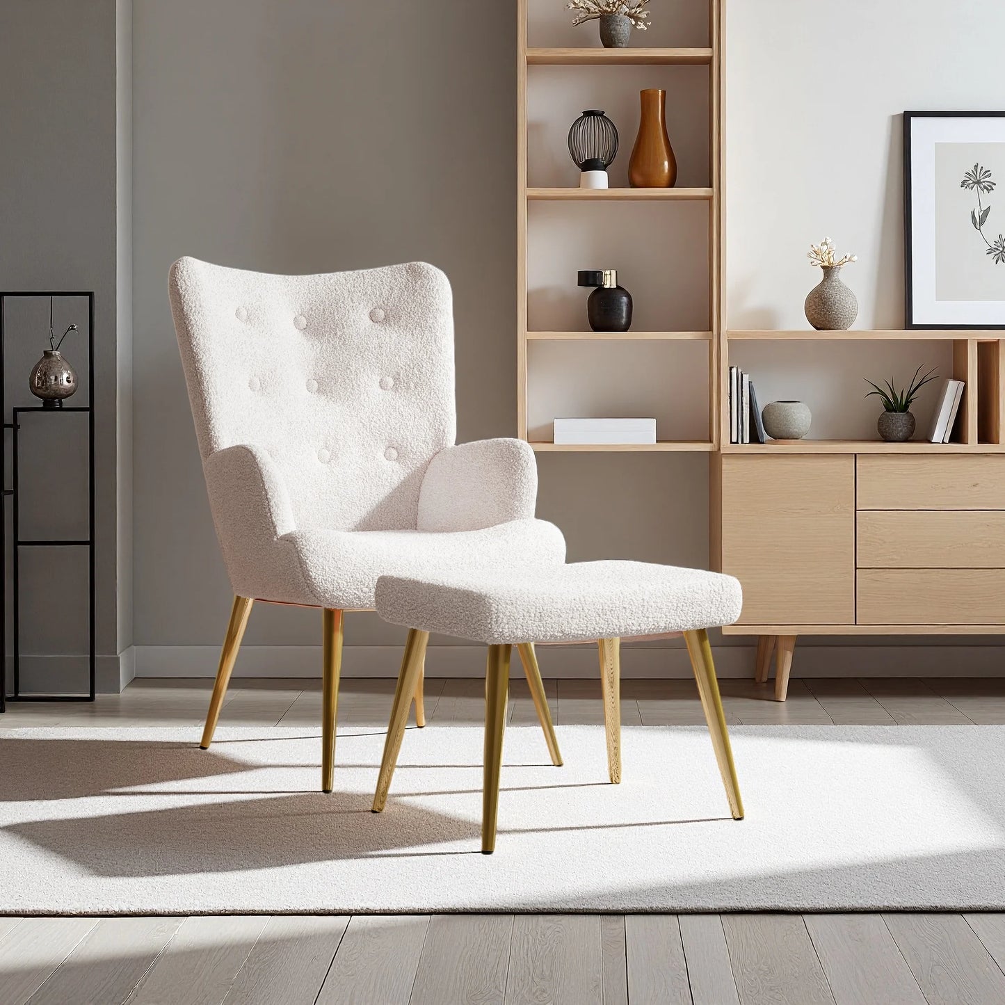 Wing Chair – Fauteuil – Loungestoel – Accentstoel – Relaxstoel – Lichtgrijs Teddy Velvet – Inclusief Voetenbank – Duurzame Dennenhouten Constructie