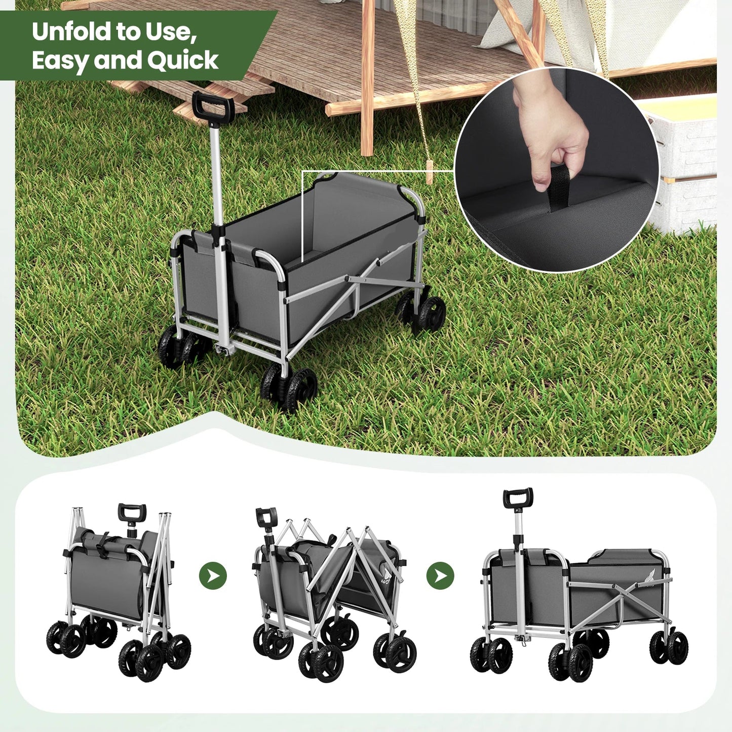 Bolderkar - Handkar - Bolderkar Opvouwbaar - Bolderwagen - met Dubbele Wielen en Remmen - Transportwagentje - Bolderkarren - voor Tuin, Strand, Camping of Picknick - Donkergrijs - QUORE