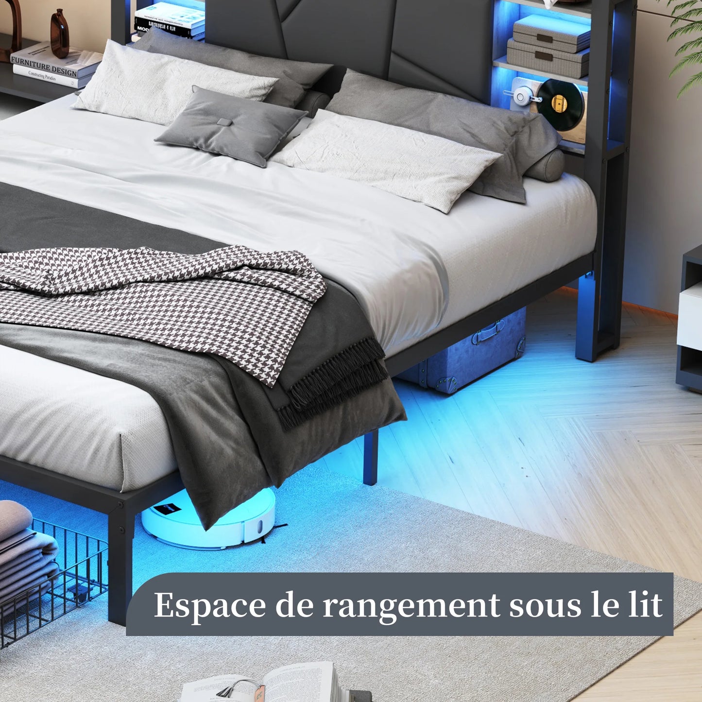 Modern Gestoffeerd Tweepersoonsbed – Ledikant – Bedframe – Slaapkamerbed – Opbergladenbed – 140x200 CM – Met Led-Verlichting & Usb-Oplaadpoort - QUORE