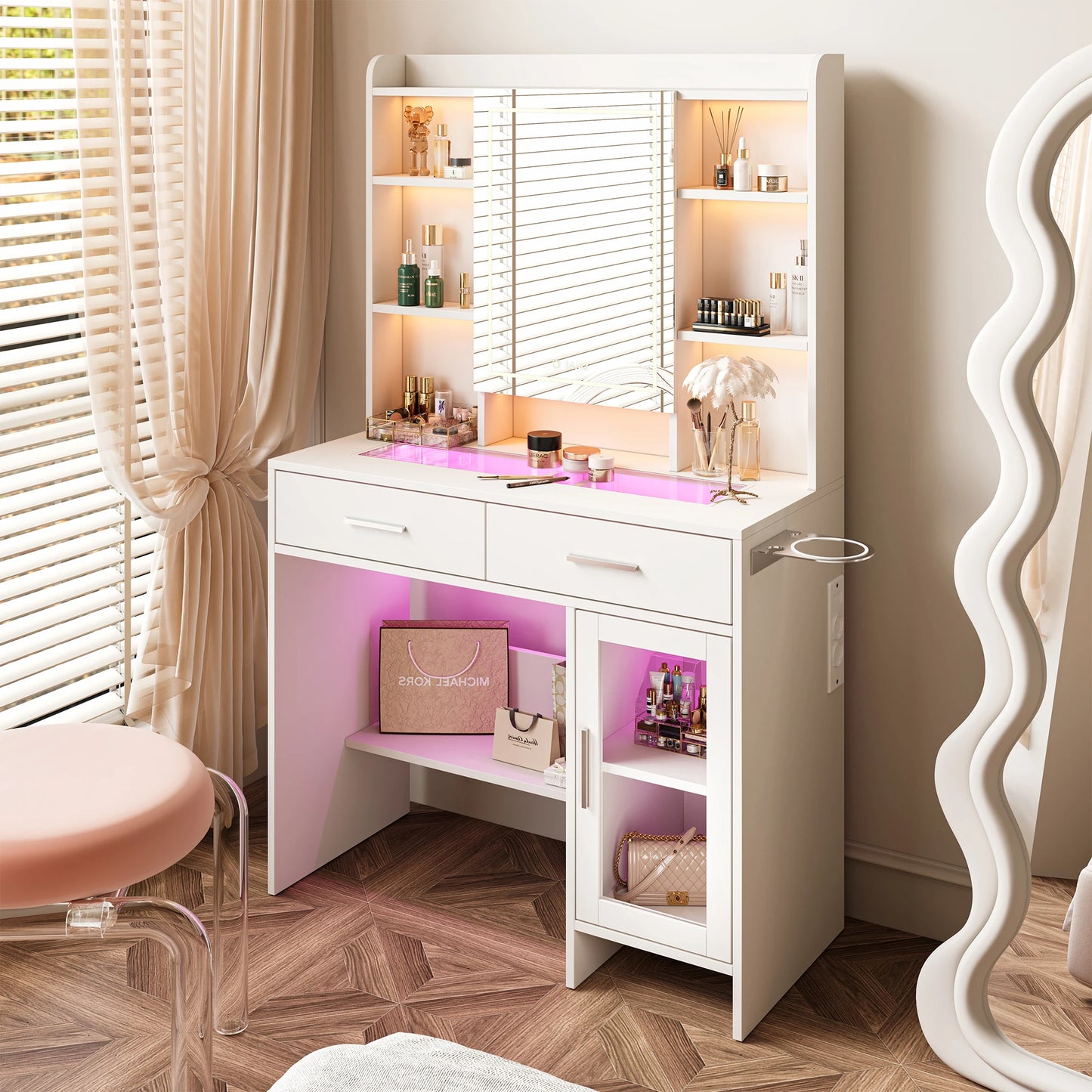 Make-uptafel – Kaptafel – Schminktisch – Dressing table – Witte variant – Verstelbare LED-verlichting – Ruime Opberglades