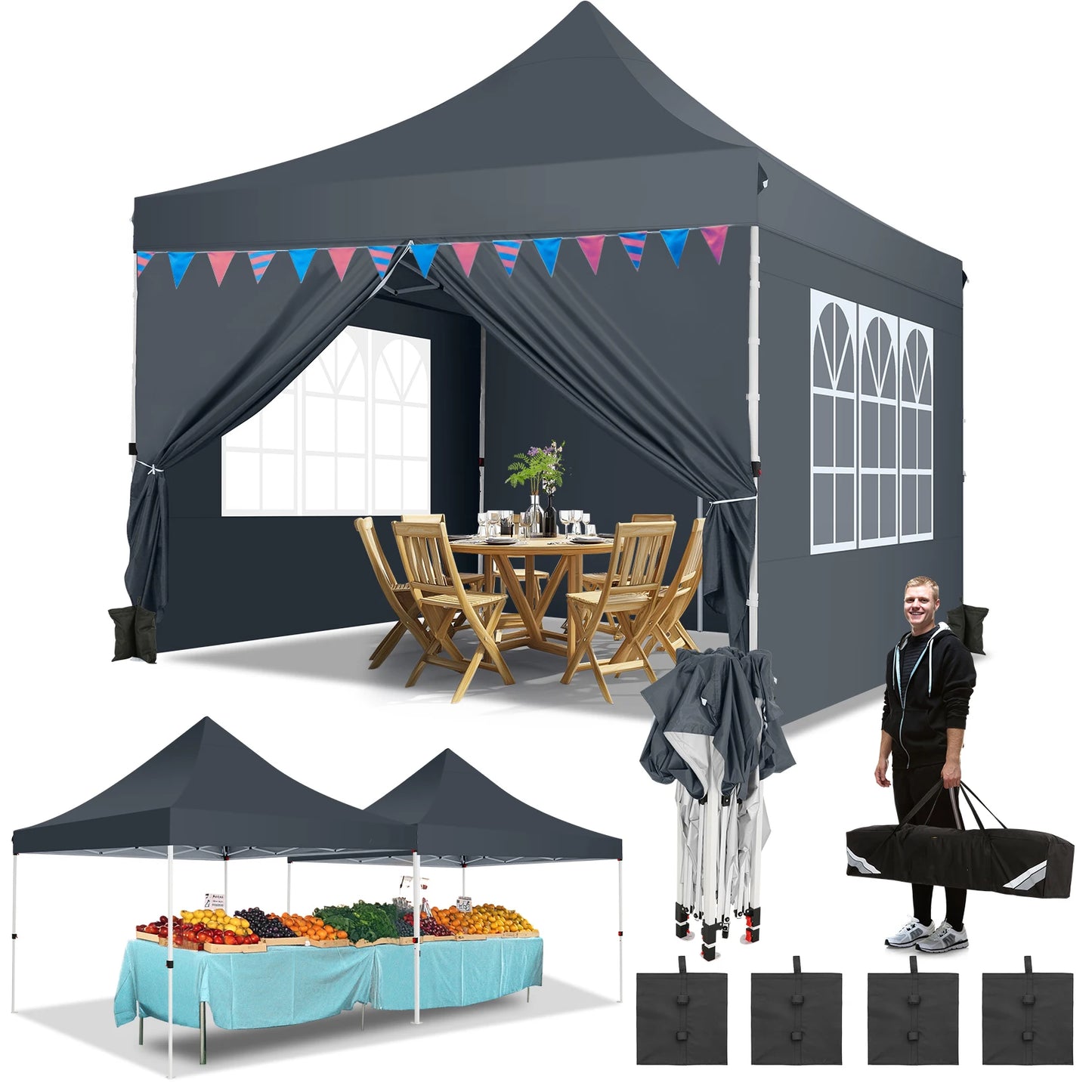Partytent – Tent – Overkapping – Vouwtent – Paviljoen – 3x3 Meter – Waterdicht Oxford – UPF 50+ Bescherming - Grijs - QUORE