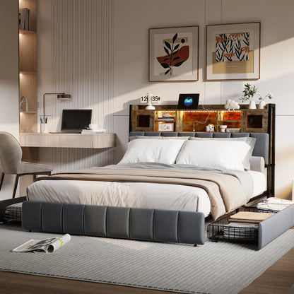 Gestoffeerd Bed – Tweepersoonsbed – Opbergladen Bed – Led Hoofdbord Bed – Slaapkamerbed – 160x200 cm – Ingebouwde USB-poorten – Verstelbare LED-verlichting