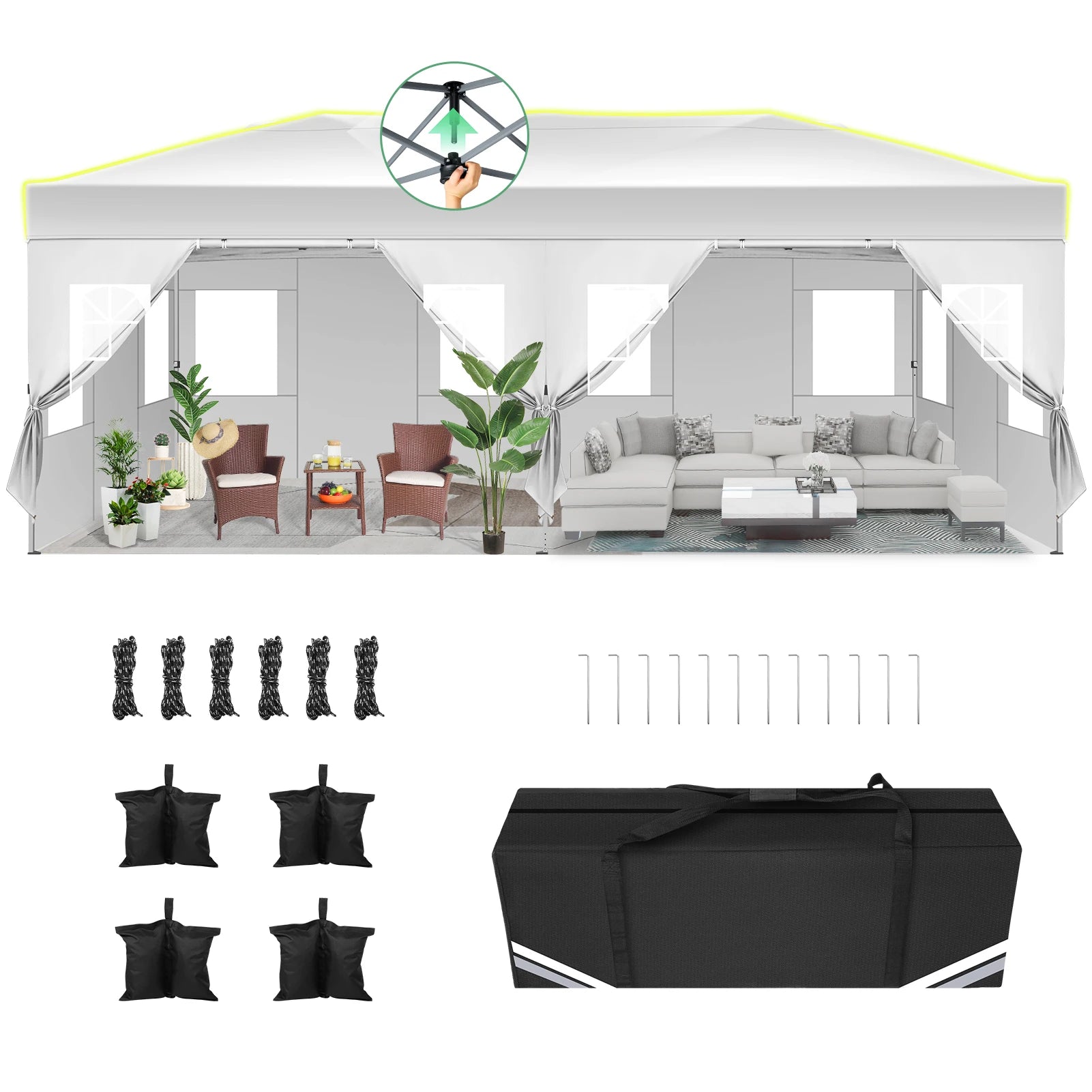 Pop-Up Tent – Partytent – Tuin Tent – Markt Tent – Waterdicht 210D Oxford Polyester – Verstelbare Hoogte – UPF 50+ Zonbescherming - Wit - QUORE