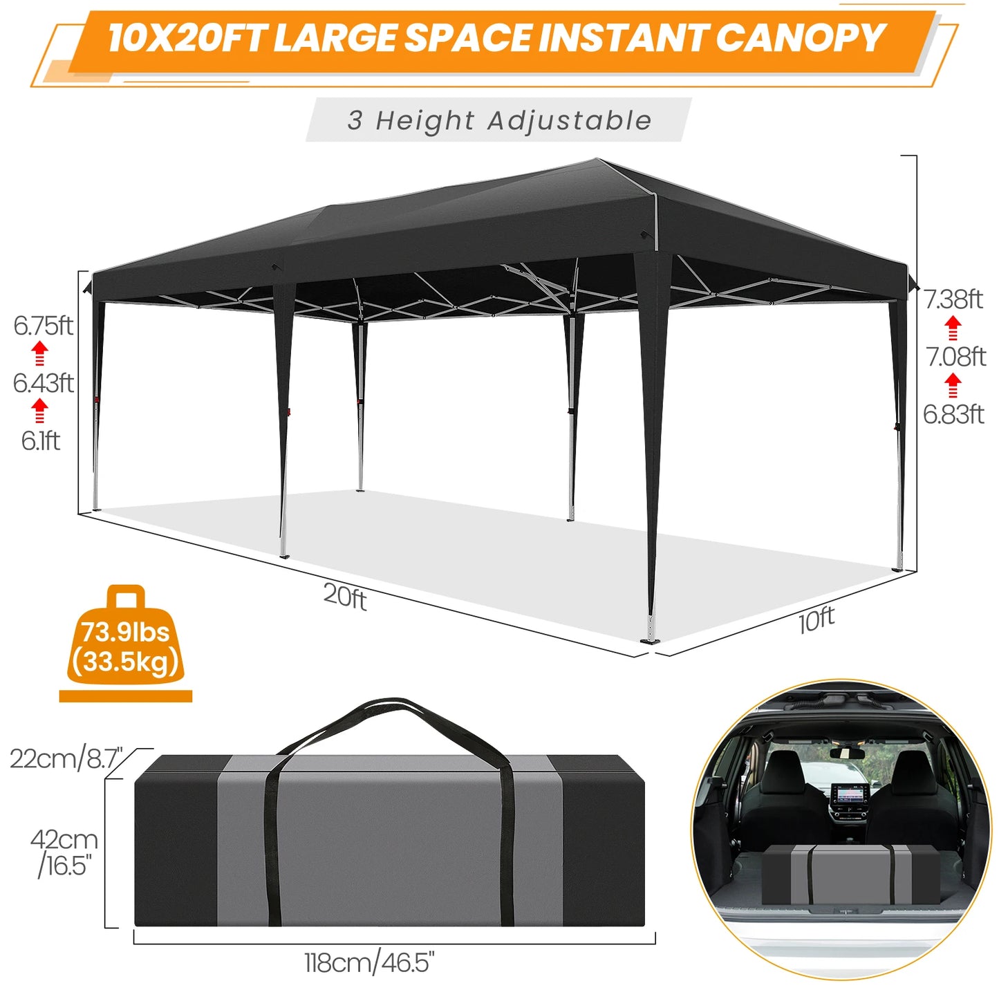 Vouwwagen – Pop-Up Tent – Opvouwbare Tent – Buiten Tent – Waterafstotend Oxford – 3x6 Meter – 6 Afneembare Zijwanden - Zwart
