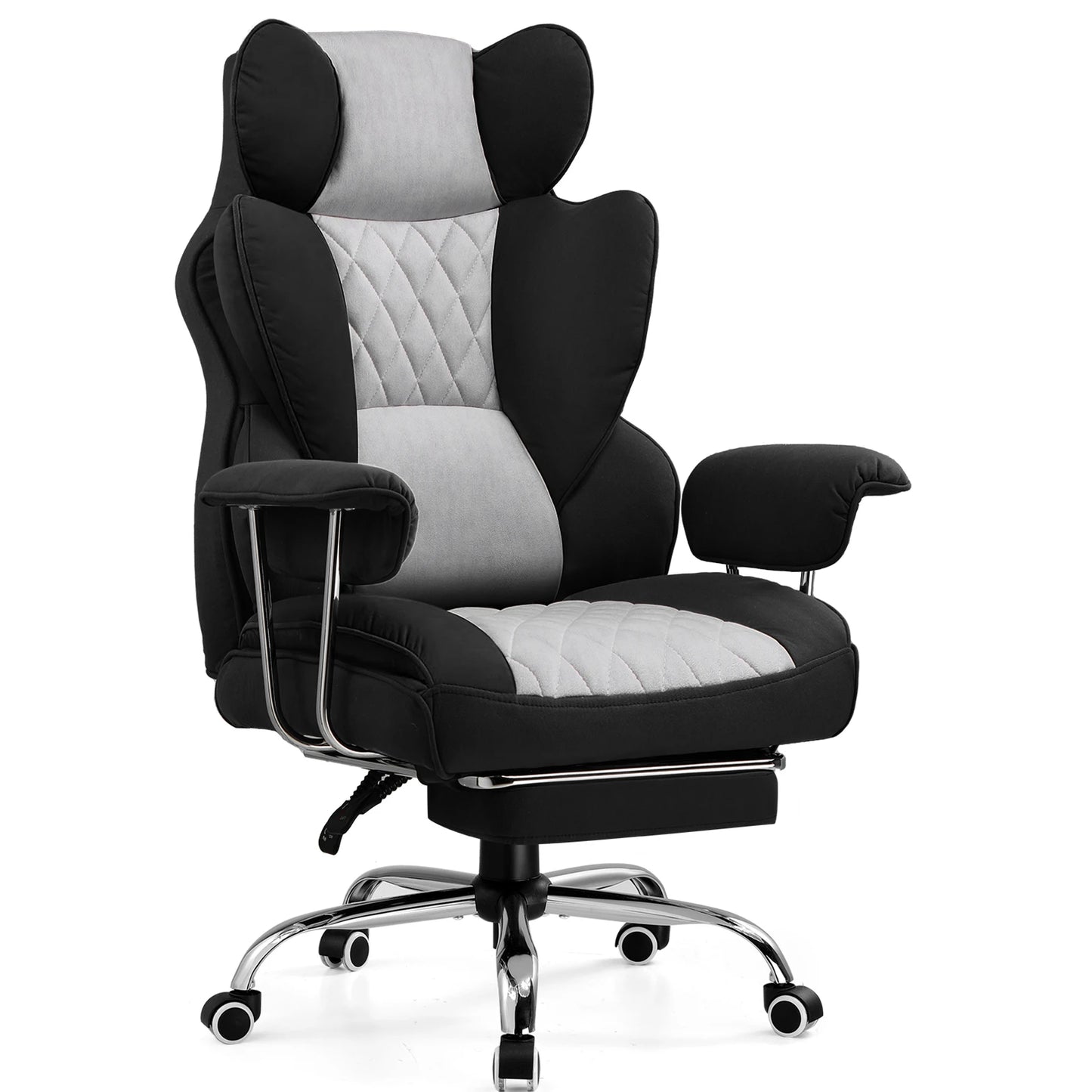 Ergonomische Bureaustoel - Gaming Stoel - Bureaustoelen Stoelen - met Pocketvering Rugsteun -Verstelbare Voetsteun - Comfortabele Brede Zitting - 90-135° Kanteling - met Armleuningen en Wieltjes - Grijs-zwart - Stof - QUORE