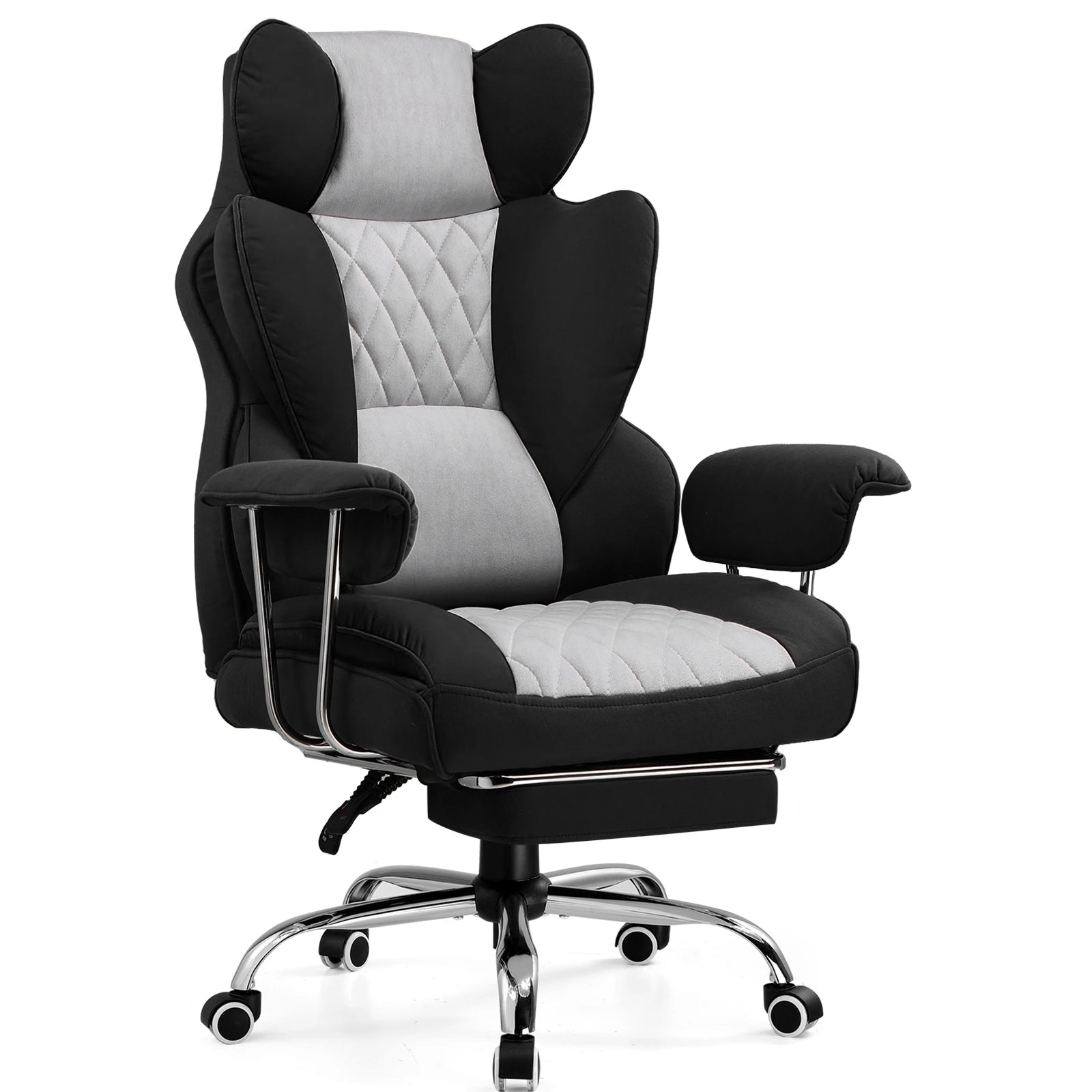Ergonomische Bureaustoel - Gaming Stoel - Bureaustoelen Stoelen - met Pocketvering Rugsteun -Verstelbare Voetsteun - Comfortabele Brede Zitting - 90-135° Kanteling - met Armleuningen en Wieltjes - Grijs-zwart - Stof - QUORE