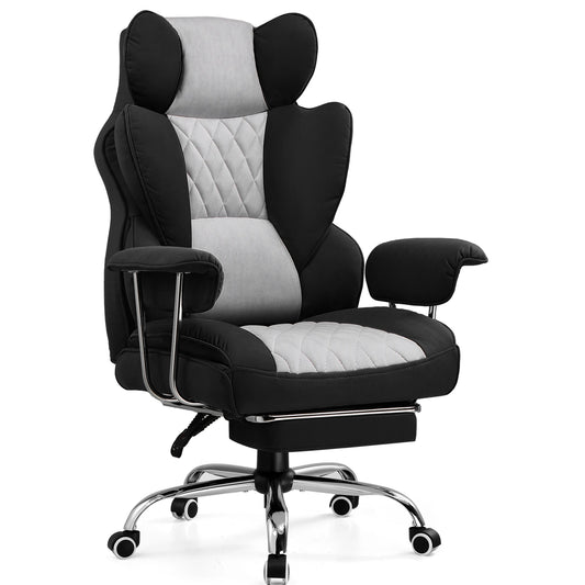 Ergonomische Bureaustoel - Gaming Stoel - Bureaustoelen Stoelen - met Pocketvering Rugsteun -Verstelbare Voetsteun - Comfortabele Brede Zitting - 90-135° Kanteling - met Armleuningen en Wieltjes - Grijs-zwart - Stof - QUORE