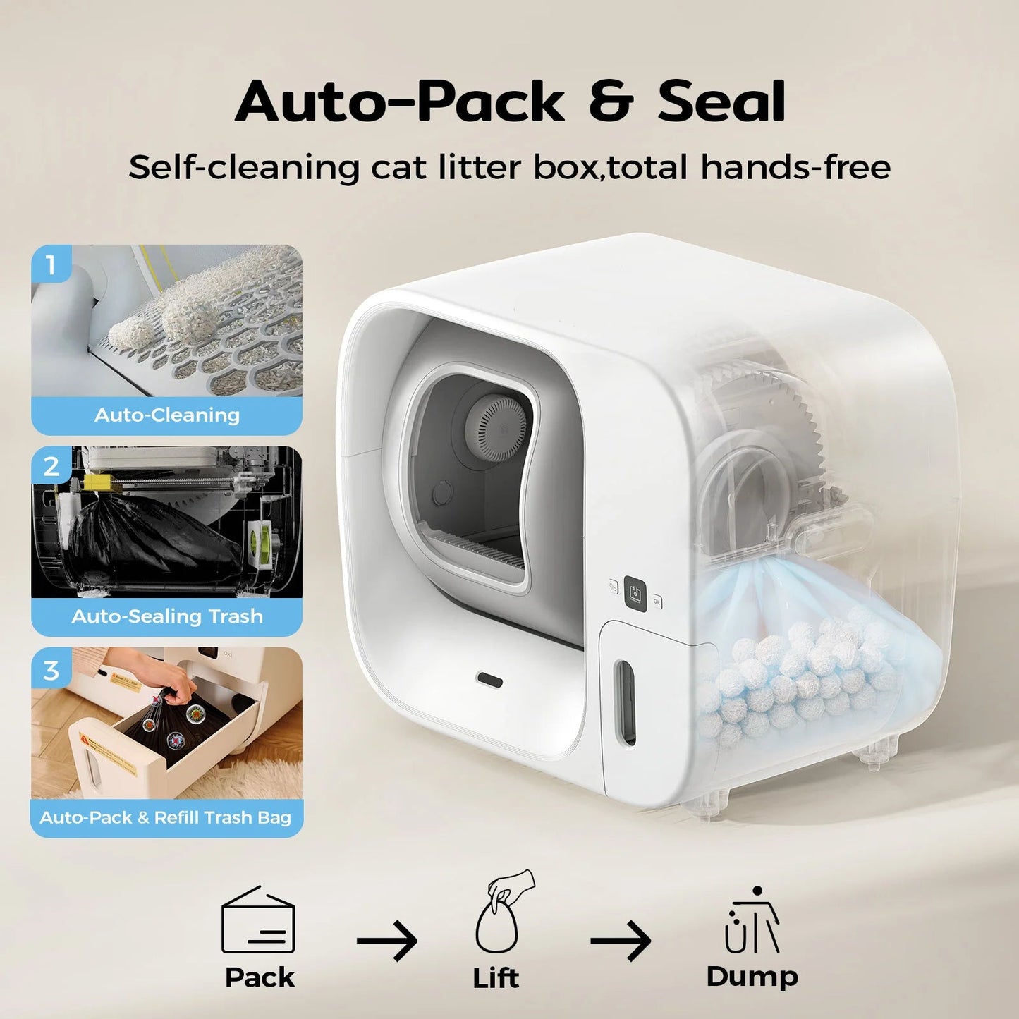 Automatische Kattenbak – Zelfreinigende Kattenbak – Slimme Kattenbak – App Bediening – 60 Liter Inhoud – Geurverwijdering – Fluisterstil
