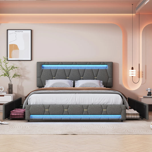 Gestoffeerd Tweepersoonsbed – 140 x 200 cm – Bedframe – Slaapbank – Opbergbed – Led Bed – Verstelbaar Hoofdeinde – USB Oplaadpoort – 4 Lade Opbergruimte – Dimbare LED-verlichting