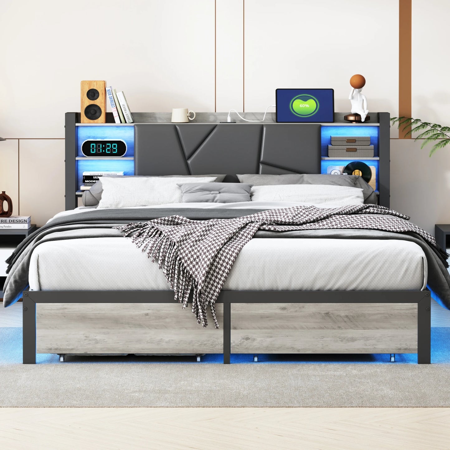 Modern Gestoffeerd Tweepersoonsbed – Ledikant – Bedframe – Slaapkamerbed – Opbergladenbed – 140x200 CM – Met Led-Verlichting & Usb-Oplaadpoort - QUORE