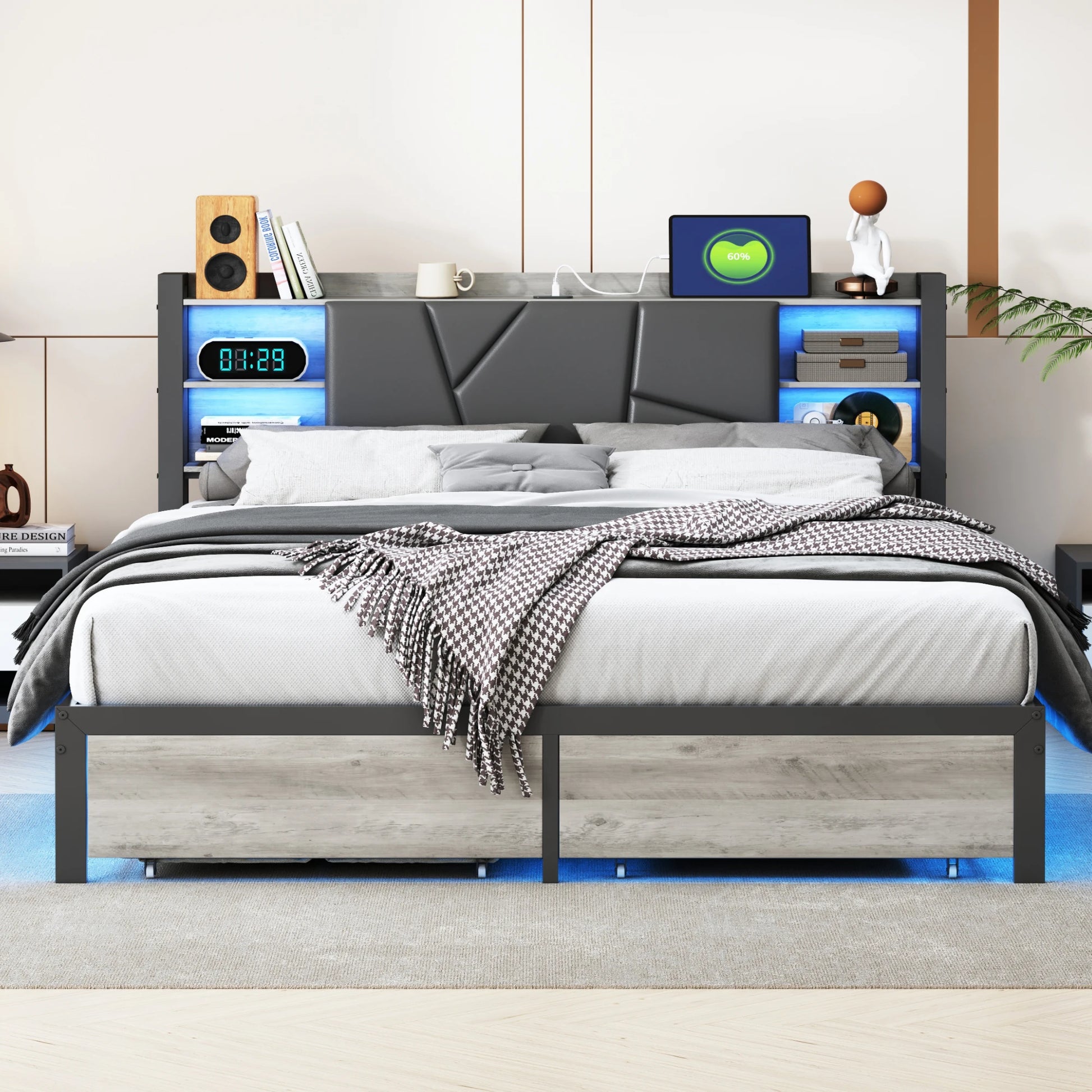 Modern Gestoffeerd Tweepersoonsbed – Ledikant – Bedframe – Slaapkamerbed – Opbergladenbed – 140x200 CM – Met Led-Verlichting & Usb-Oplaadpoort - QUORE