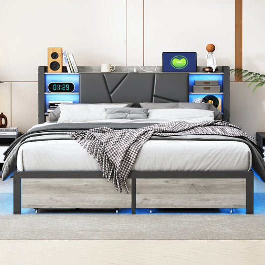 Modern Gestoffeerd Tweepersoonsbed – Ledikant – Bedframe – Slaapkamerbed – Opbergladenbed – 140x200 CM – Met Led-Verlichting & Usb-Oplaadpoort - QUORE