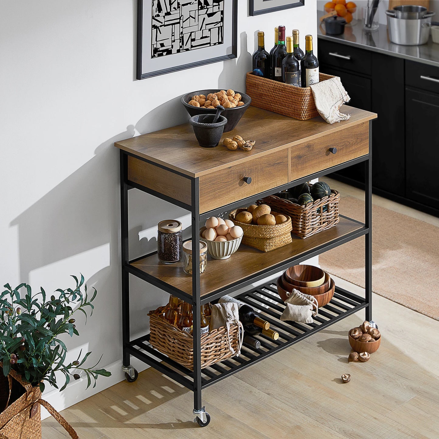 SoBuy FKW112-PF Kitchen Trolley serving trolley Kitchen Shelf with 4 Rolls Hallway Cabinet Sideboard with 2 Drawers and 2 Shelves