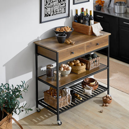 Keukentrolley – Serveerwagen – Opbergwagen – Keukenwagen – Halmeubel – Bruin – Industrieel Design – Ruime Opbergruimte Met 2 Laden & 2 Planken