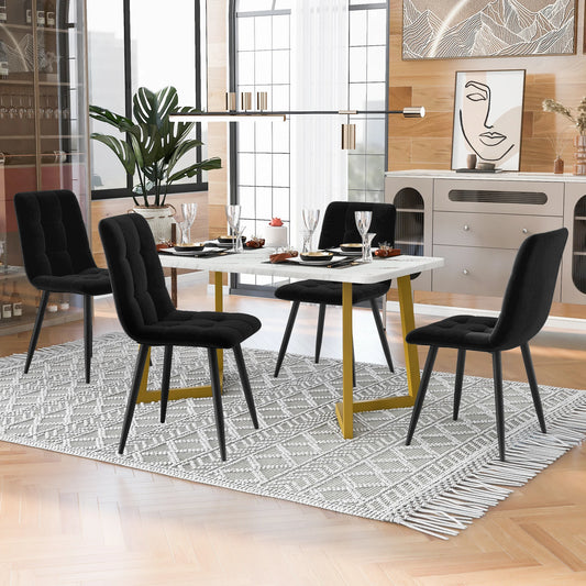 Eettafelset – Dinerensemble – Eettafel Met Stoelen – Keukentafelset – Compact Design – Marmerlook Tafelblad – Fluwelen Stoelen Met Gouden Poot - Zwart