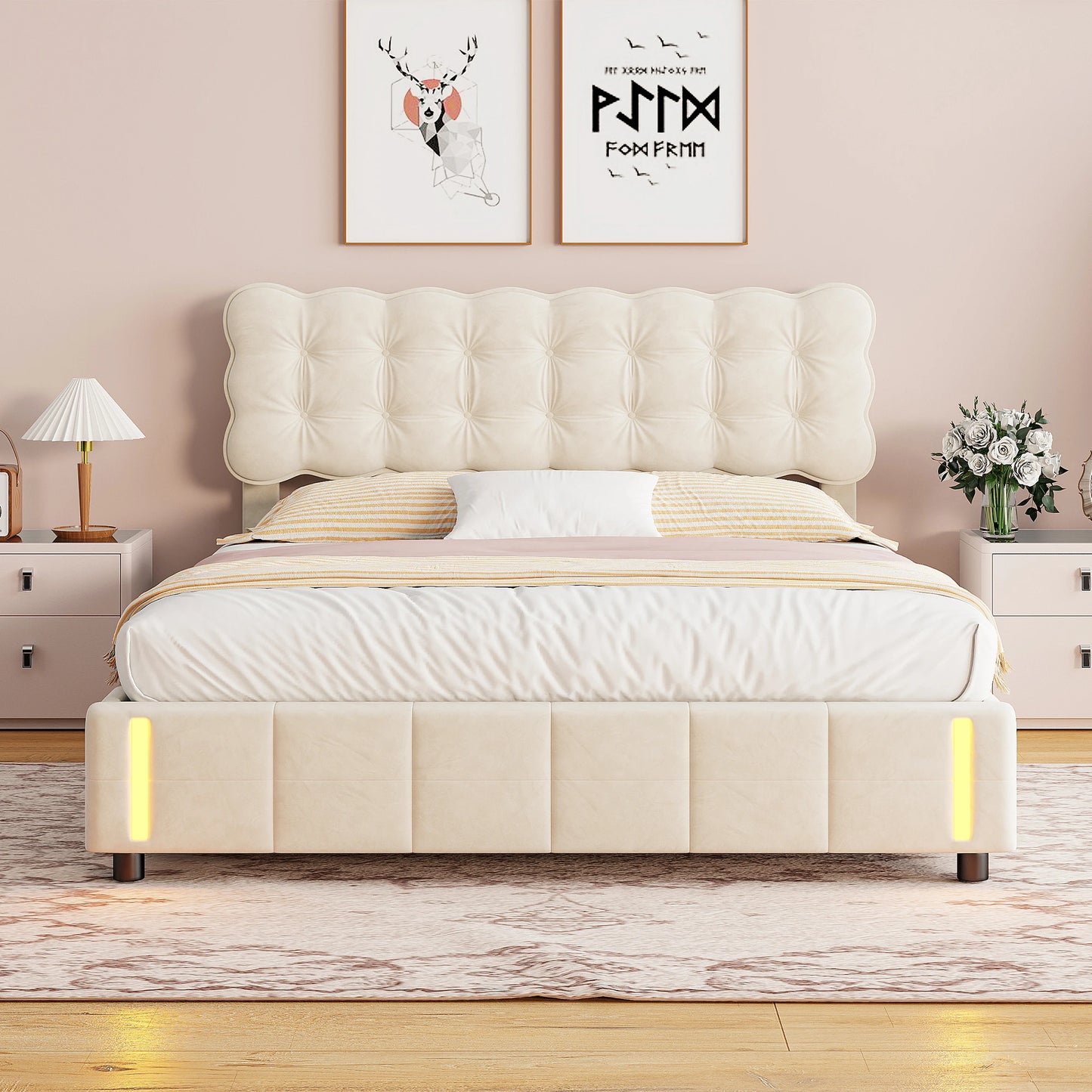 Anajqaqia Upholstered Bed with Storage Space, Hydraulic Bed with Body Sensor Light, Double Bed with Headboard & Slatted Frame