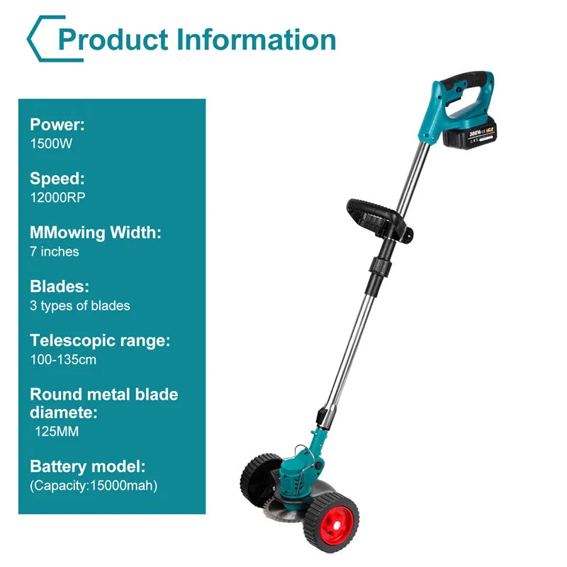 Elektrische Grastrimmer - Grasmaaier - Onkruidborstel - Grastrimmer - 1500W - Draadloze Maaier - 12000RPM - met Wielen - Tuingereedschap - 2 Accu