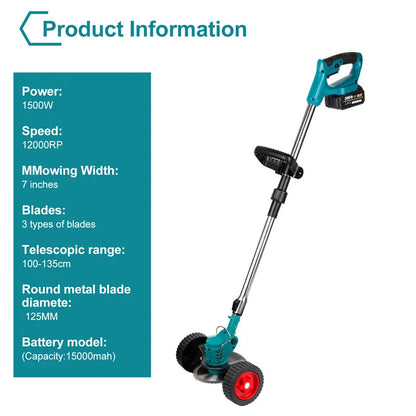 Elektrische Grastrimmer - Grasmaaier - Onkruidborstel - Grastrimmer - 1500W - Draadloze Maaier - 12000RPM - met Wielen - Tuingereedschap - 2 Accu