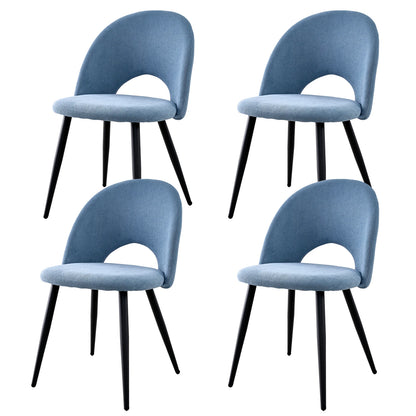 Set van 4 Moderne Eetkamerstoelen – Scandinavische Stoelen – Keukenstoelen – Woonkamerstoelen – Design Stoelen – Blauw Fluweel – Opengewerkte Rugleuning – Metalen Zwarte Pooten