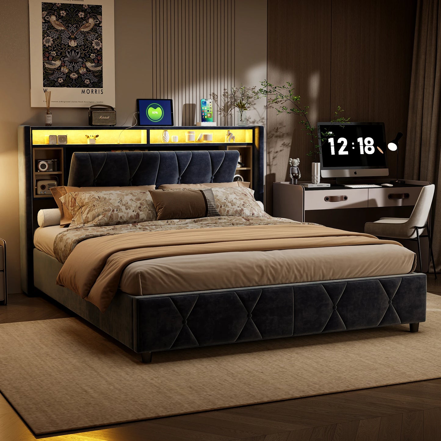 Tweepersoonsbed – Bed Met Opbergruimte – Fluwelen Bed – Slaapbank – Boxspring – 140x200 CM – Hydraulische Opbergruimte – Led Hoofdeinde Met Usb-Poort