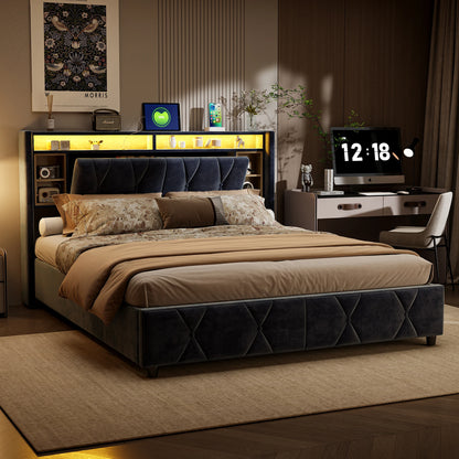 Tweepersoonsbed – 2-Persoonsbed – Boxspring – Bedframe – Slaapbed – 160x200 cm – Fluwelen Bekleding – Hydraulische Opberglade met LED-Hoofdbord en USB-poorten