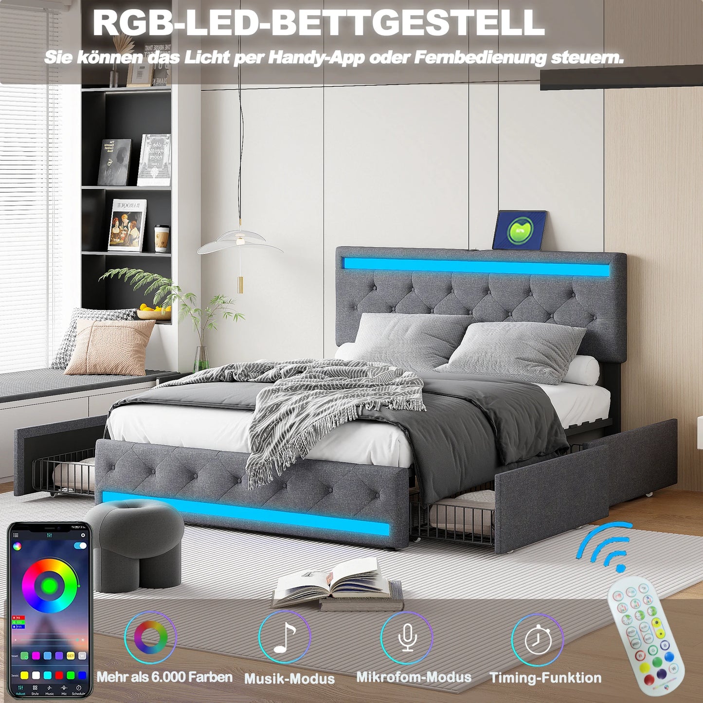 Gestoffeerd Tweepersoonsbed – Bedframe Met Opberglades – Slaapbank – Ladebed – Linnen Bed – 140x200 cm – USB Oplaadpoort – Meerkleurige LED-verlichting