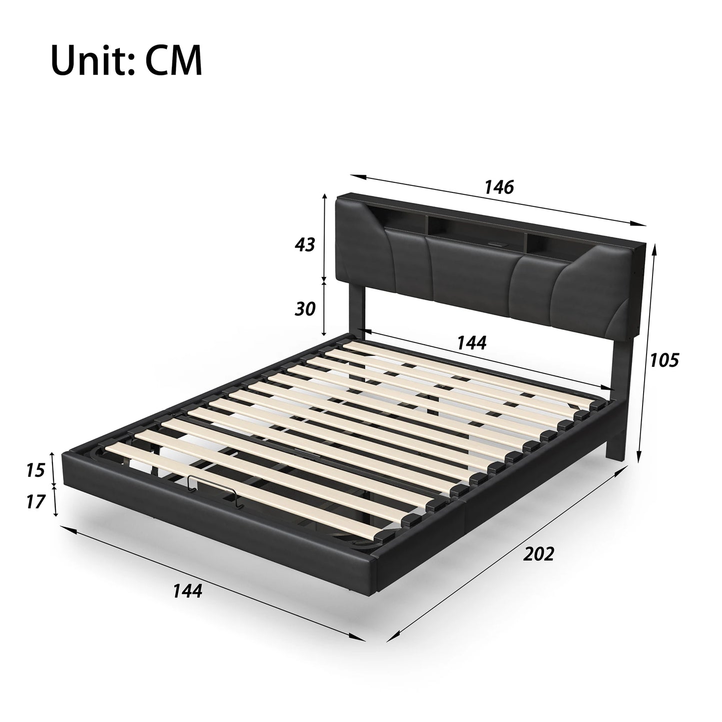 Gestoffeerd Tweepersoonsbed – Opbergbed – Led Bed – Hydraulisch Bed – Bed 140x200 cm – Zwart PU-leer – Verstelbaar Hoofdbord Met USB-poort – Ruime Hydraulische Opbergruimte