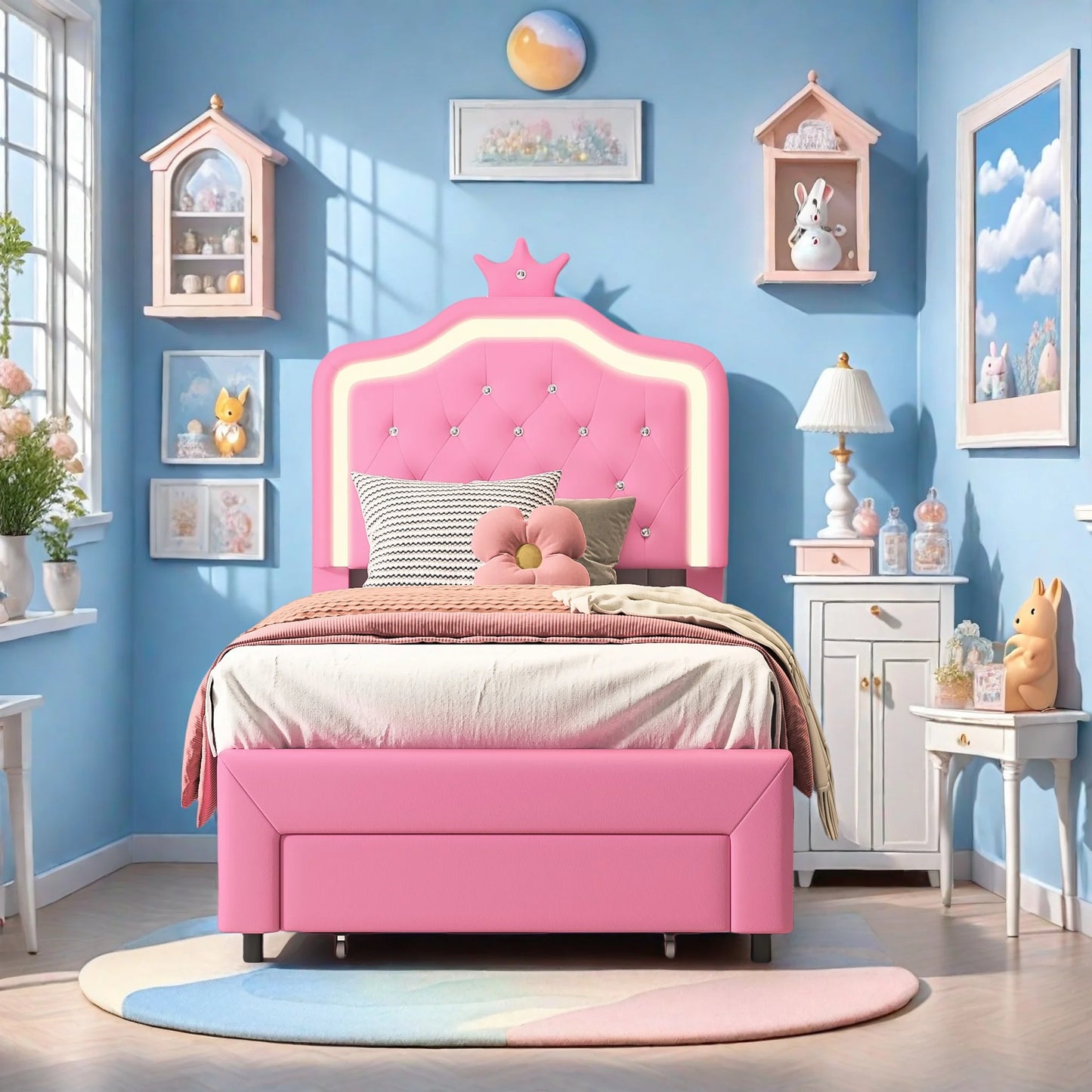 Kinderbed – Kinderbedje – Eenpersoonsbed – Jongensbed – Meisjesbed – Wit 140x200 cm – Verstelbaar Kunstleren Hoofdbord – LED-Verlichting Rondom