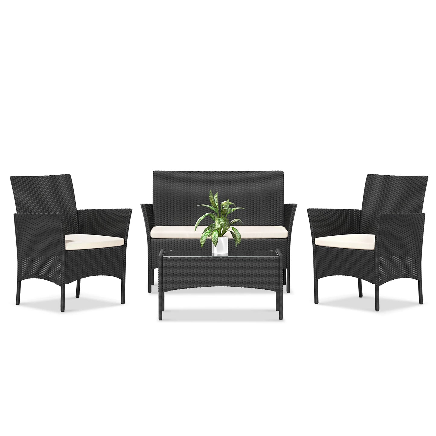 Rattan Loungeset – Tuinset – Loungeset Balkon – Buitenmeubel – Compact 4-Delig – Weerbestendig Staal – Gehard Glas - QUORE