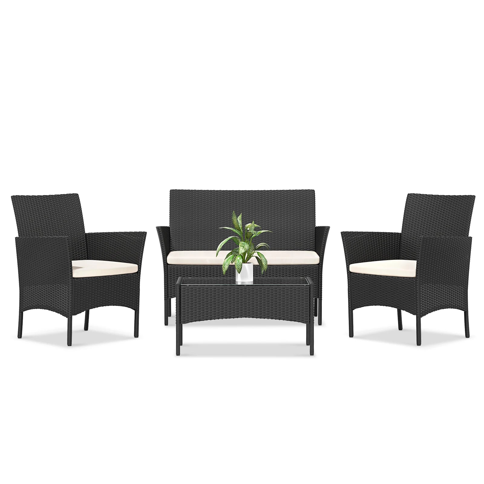 Rattan Loungeset – Tuinset – Loungeset Balkon – Buitenmeubel – Compact 4-Delig – Weerbestendig Staal – Gehard Glas - QUORE