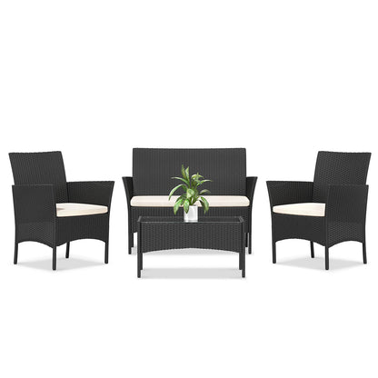 Rattan Loungeset – Tuinset – Loungeset Balkon – Buitenmeubel – Compact 4-Delig – Weerbestendig Staal – Gehard Glas - QUORE