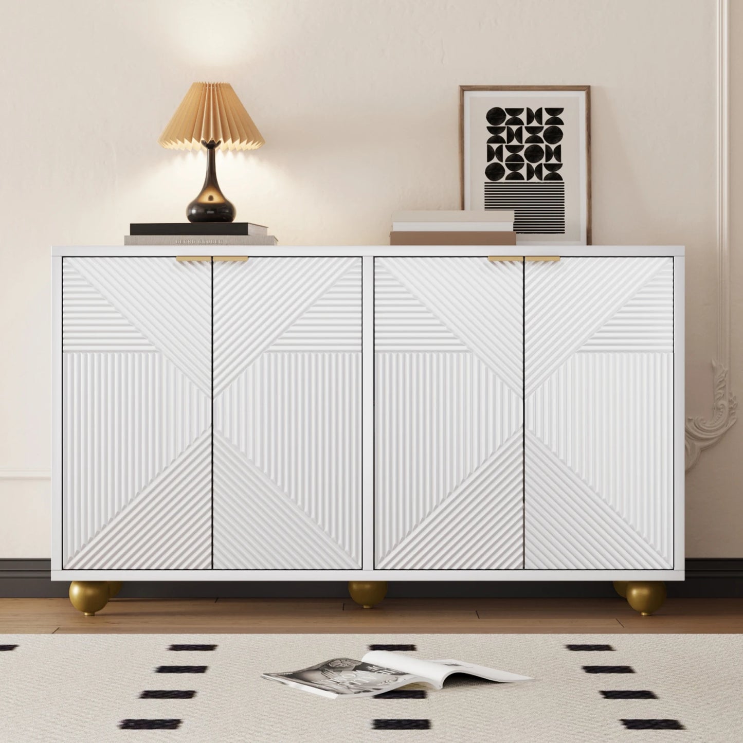 Opbergkastje – Opbergmeubel – Dressoir – Woonkamerkast – Halmeubel – Wit Met Gouden Handgrepen – 120x35x71,5 cm – Verstelbare Planken