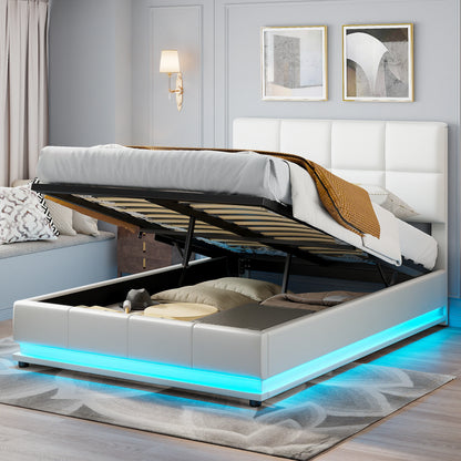 Opbergbed – Opbergbed Met Lade – Bed Met Opbergruimte – Tweepersoons Bed – Kunstleren Bedframe – Wit 140x190 cm – Hydraulisch Liftmechanisme – Draagkracht 350 kg