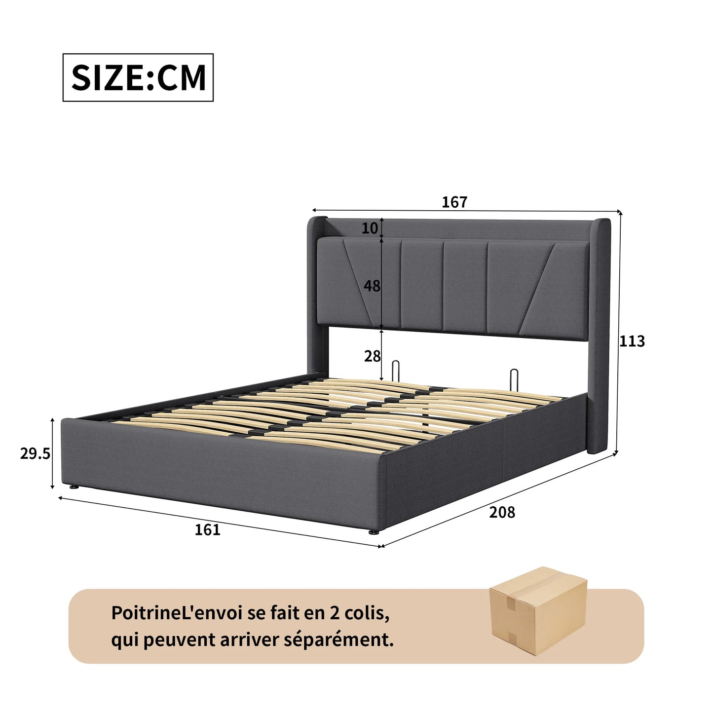Bed Met Opbergruimte – Tweepersoonsbed – Slaapbank – Opbergbed – Hydraulisch Bed – 160x200 cm – Houten Frame – Hydraulisch Liftmechanisme