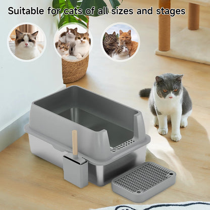 Kattenbak - Extra Grote - RVS - met Hoge Zijkanten - Open Type - Geurvrij en Duurzaam - Grote Katten - Meerdere Katten - Grijs