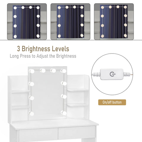 Kaptafel - Make-up Tafel - Kaptafel met Spiegel en Verlichting - LED Spiegel - 2 Lades - 4 Opbergplanken - Verstelbare Verlichting - 90x40x135 cm - 75 kg - Wit