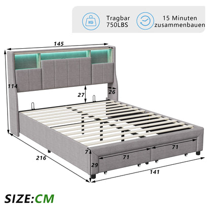 Tweepersoonsbed – Bedframe – Slaapbank – Opbergbed – Jeugdbed – 140x200 cm – Met LED-verlichting en USB-poorten – Inclusief 2 Opberglades - QUORE