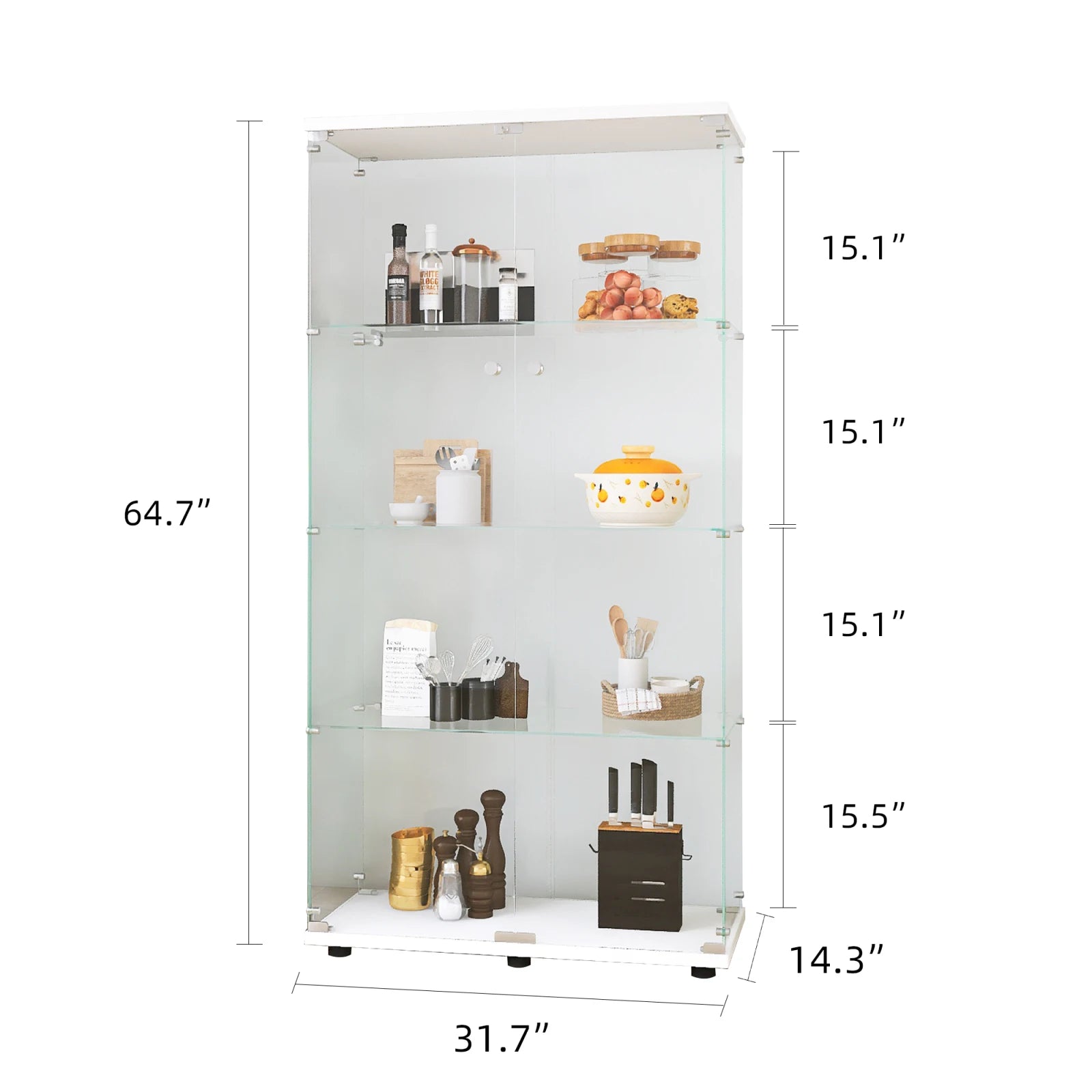 Vitrinekast – Glas kast – Displaykast – Buffettafel – Woonkamerkast – Wit – Dubbele Deuren – 4 Glazen Legplanken – Duurzaam MDF - QUORE