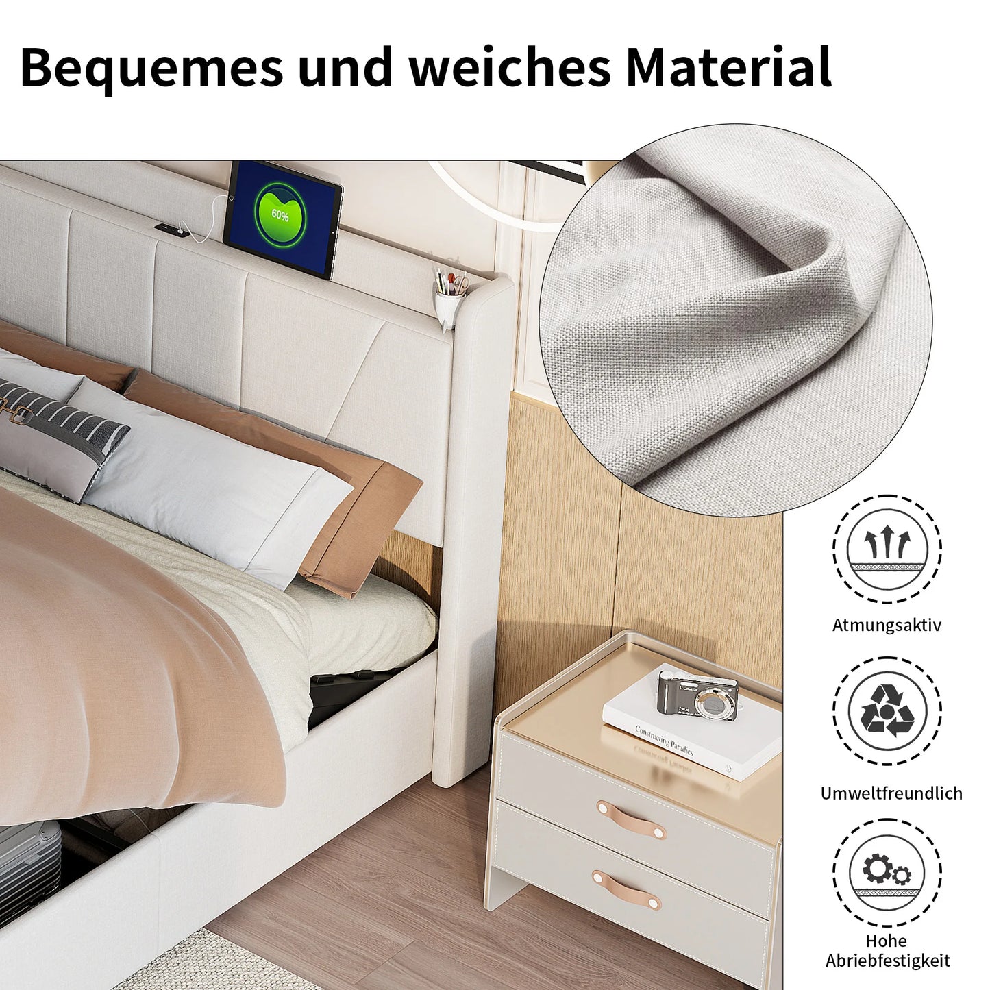Comanlai 140 x 200 cm Upholstered Bed,Hydraulic Storage Bed,with USB and Type-C,Youth Bed,Without Mattress,Linen Fabric,Beige