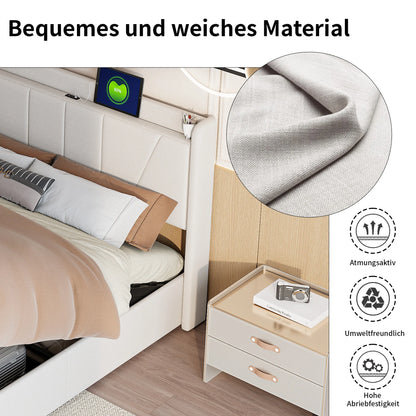 Comanlai 140 x 200 cm Upholstered Bed,Hydraulic Storage Bed,with USB and Type-C,Youth Bed,Without Mattress,Linen Fabric,Beige