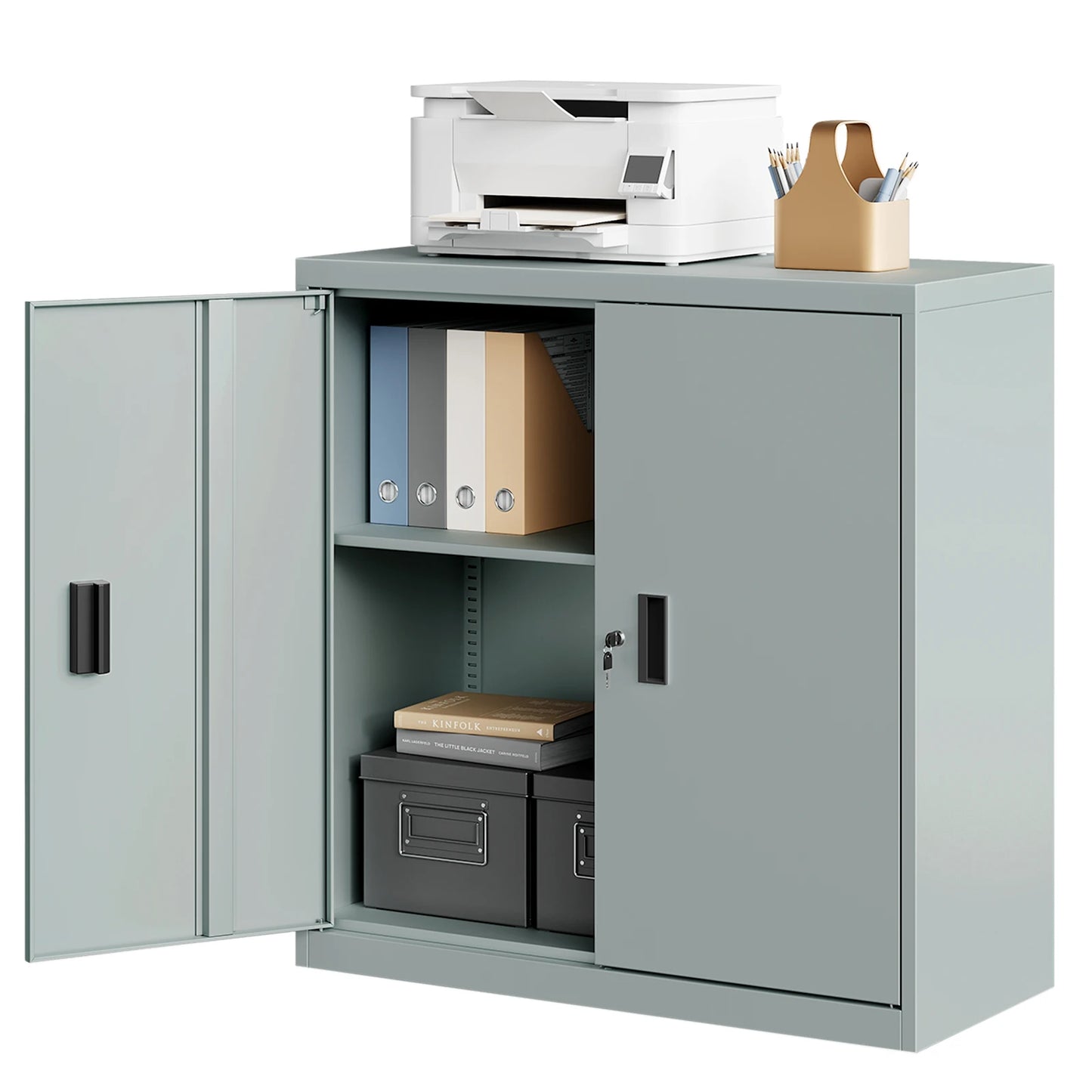 Metalen Archiefkast - met Slot – Kantoor - Garage - Muur - Verstelbare Legplank - voor Documenten - Printer - Gereedschap – 90x92x40cm – Grijs