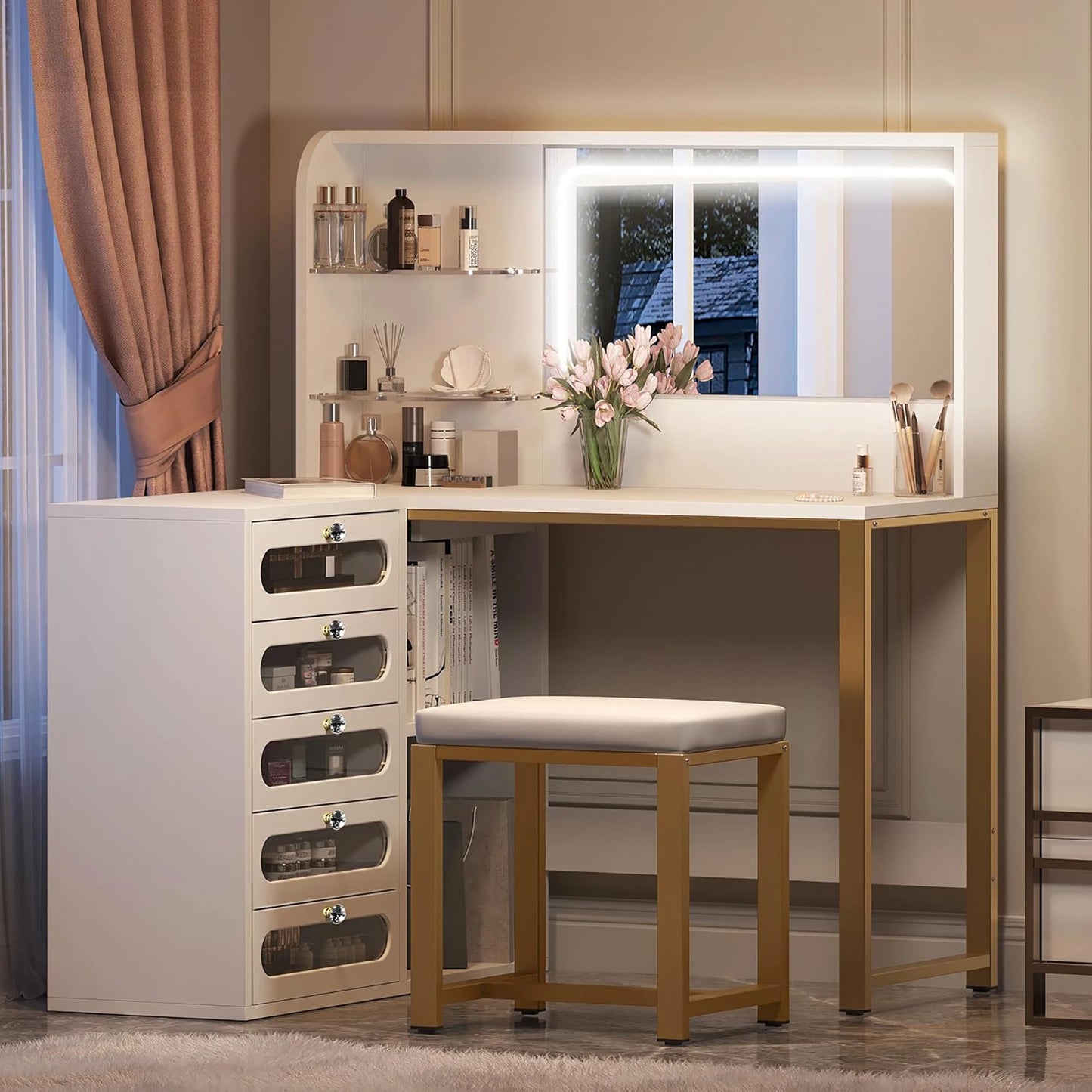 L-vormige Make-up Tafel – Kaptafel – Schoonheidstafel – Dressing Table – Hoekmeubel – Wit – LED Spiegel met 3 Lichtstanden – Gestoffeerde Kruk