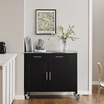 Keukentrolley – Keukenwagen – Opbergtrolley – Serviertrolley – Trolley Met Roestvrij Stalen Werkblad – 2 Lades En Verstelbare Planken – 4 Zwenkwielen Met Rem - Zwart - QUORE