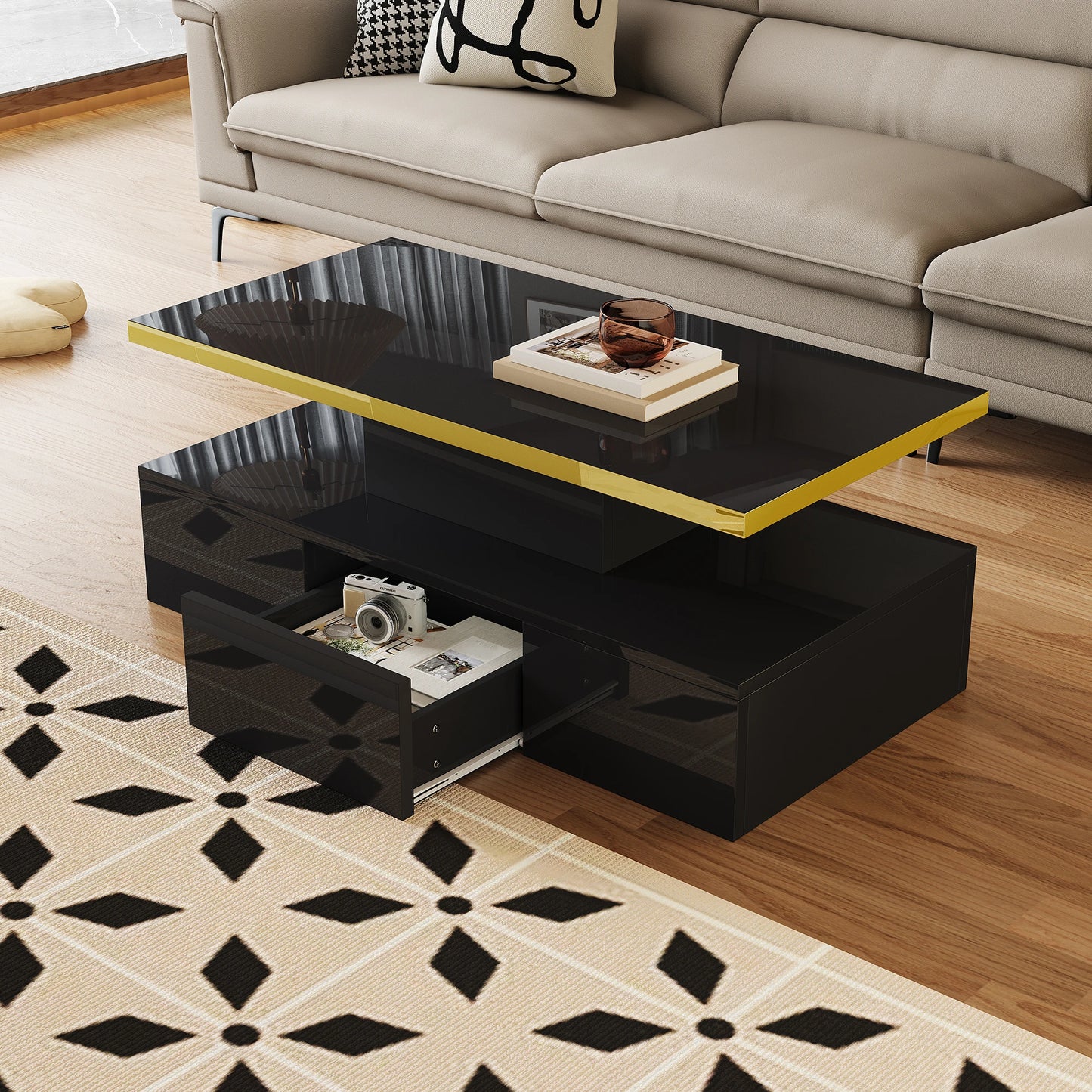 Salontafel – Koffietafel – Woonkamertafel – Tafel – Hoogglans Wit – Twee Niveaus – Verborgen Lade -  Zwart