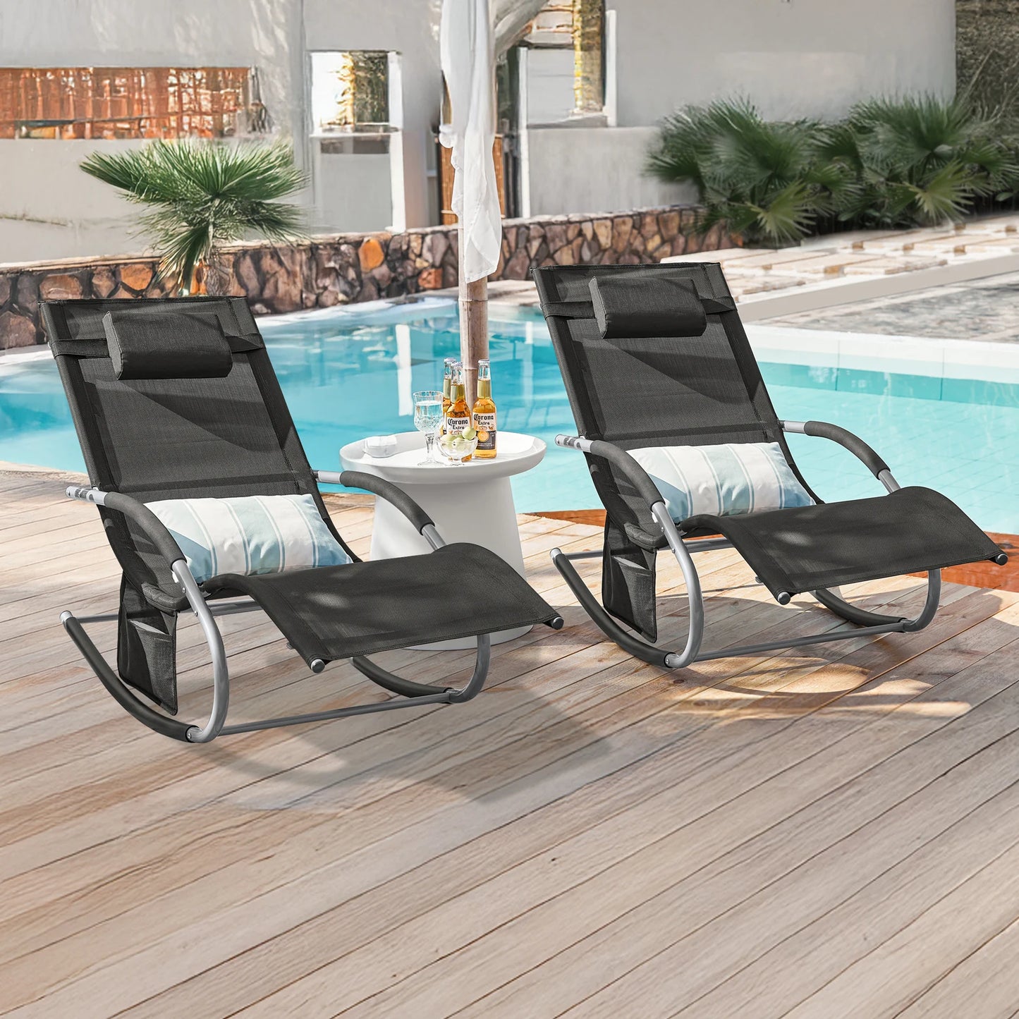 Loungestoel – Tuinstoel – Ligstoel – Strandstoel – Balkonstoel – Set van 2 Beige – Verstelbaar Ontwerp – Weerbestendig Metalen Frame