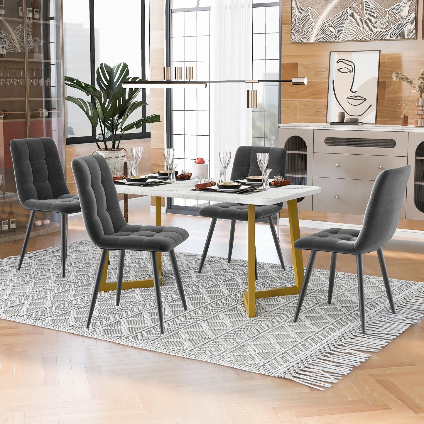 Eettafelset – Dinerensemble – Eettafel Met Stoelen – Keukentafelset – Compact Design – Marmerlook Tafelblad – Fluwelen Stoelen Met Gouden Poot - Beige