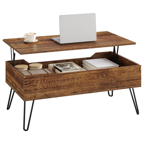 Verstelbare Salontafel met Opbergruimte – Industrieel Koffietafel – Lifting Table – Vintage Houtlook &amp; Zwart Metaal – Woonkamer &amp; Kantoor