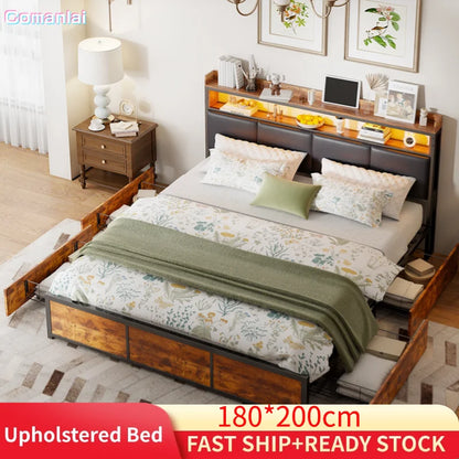 Comanlai Upholstered Bed,180 x 200 cm,Iron Frame, Double Bed with LED Lights and 4 Storage Drawers,Padded Bed with Slatted Frame